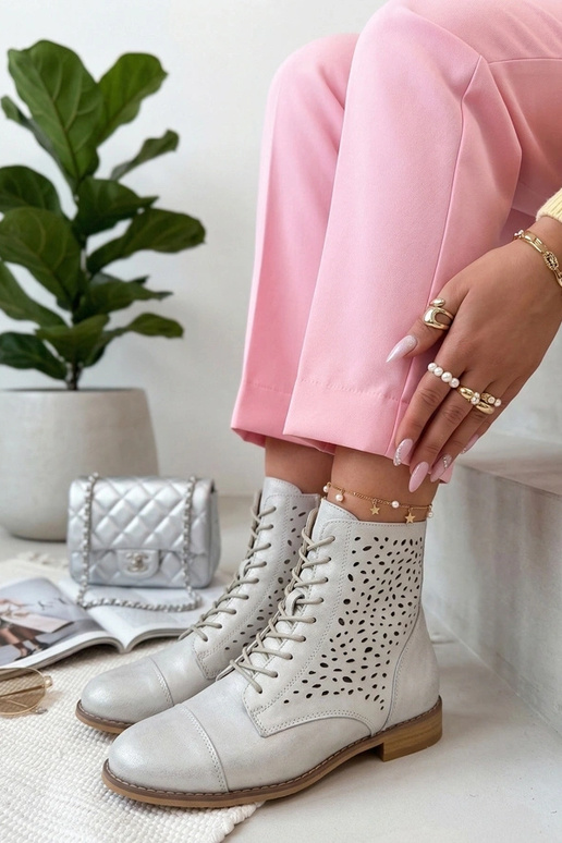 Gray perforated leather ankle boots Cambell