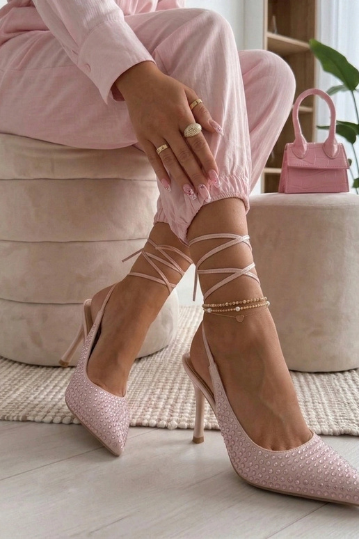 Pink high heels with open toe adorned with rhinestones Edith