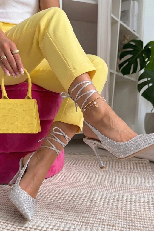 Silver high heels with open toe adorned with rhinestones Edith