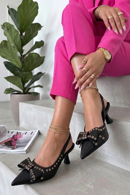 Black high heels with open back decorated with a ribbon Evangeline