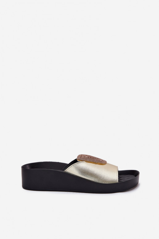 Gold women's leather slippers with ornaments KV51-028