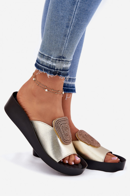 Gold women's leather slippers with ornaments KV51-028