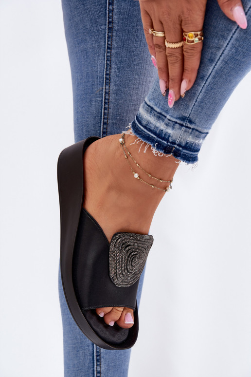 Black women's leather slippers with ornaments KV51-028