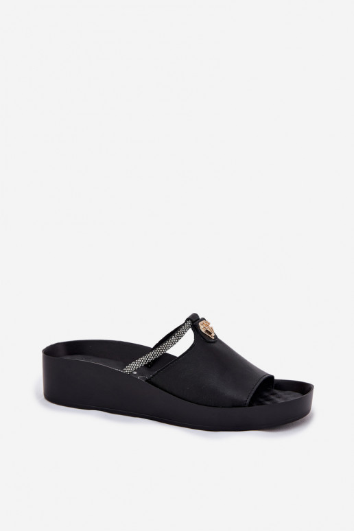 Black women's leather slippers with decorated heels KV51-034