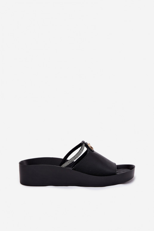 Black women's leather slippers with decorated heels KV51-034