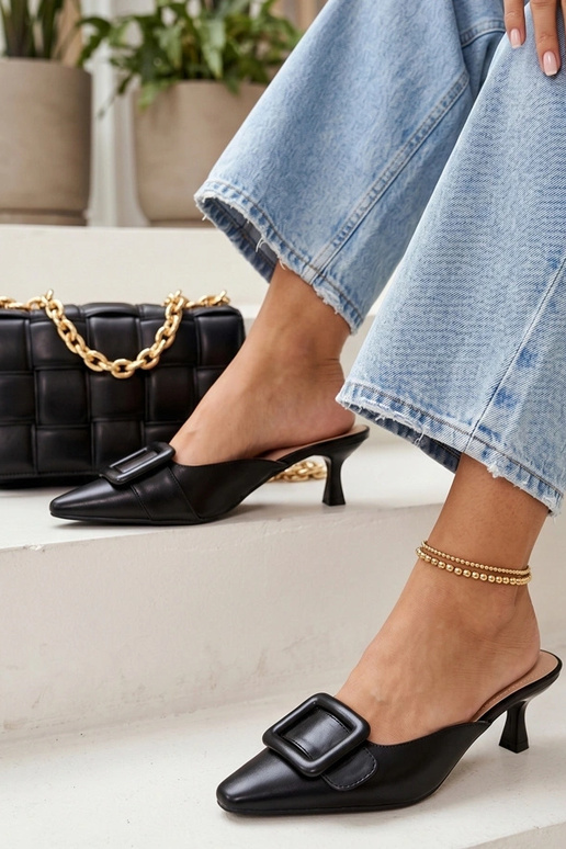 Black mule-style heels with embellishments Luna