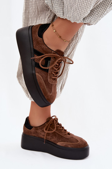 Brown women's sneakers with platform and perforation Umbry