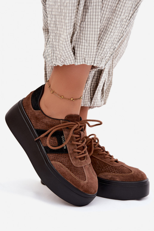 Brown women's sneakers with platform and perforation Umbry