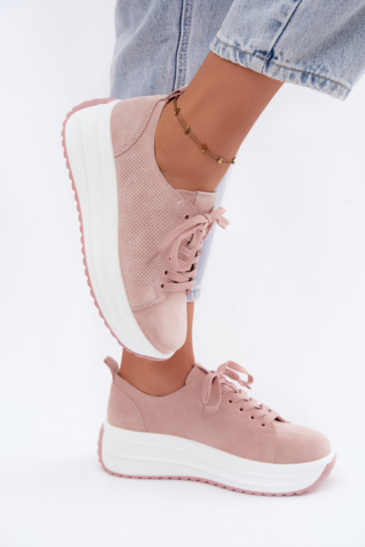Pink women's sneakers made of faux suede with platform Inaya
