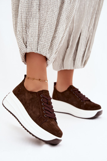 Czekoladowe damskie sneakersy z sztucznego zamszu z platformą Inaya