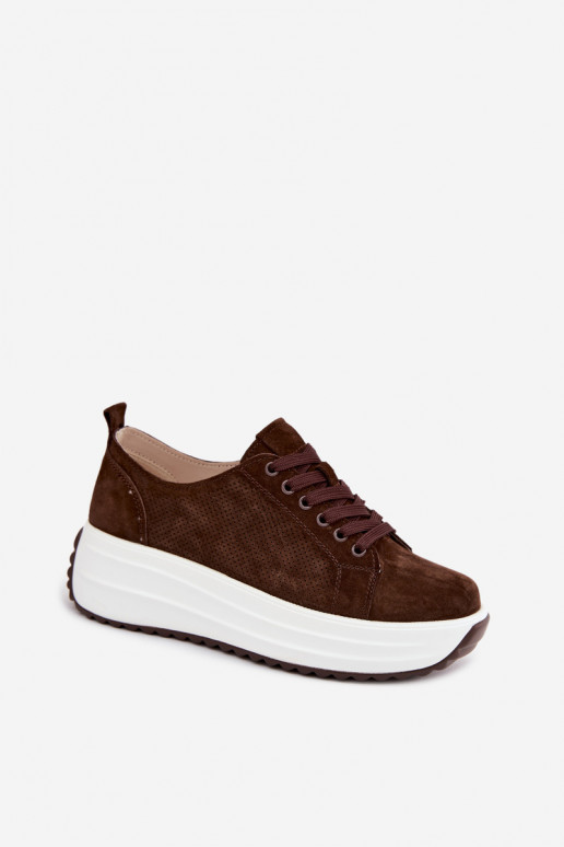 Chocolate-colored women's sneakers made of faux suede with platform Inaya