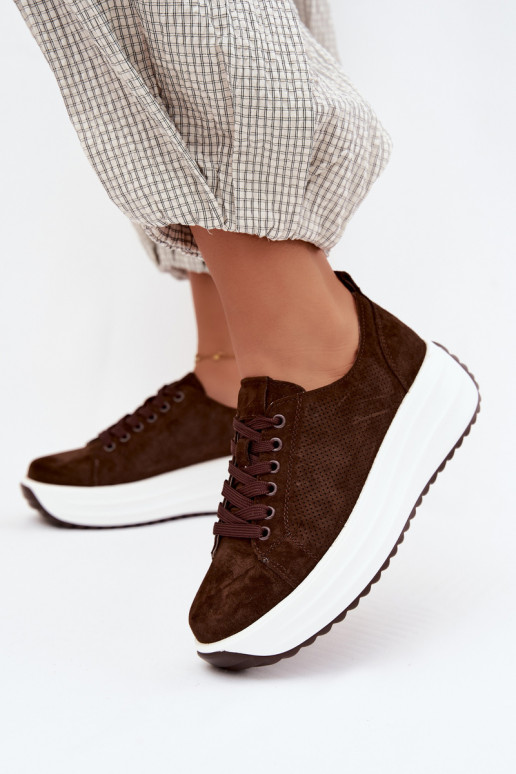 Chocolate-colored women's sneakers made of faux suede with platform Inaya