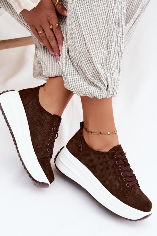 Chocolate-colored women's sneakers made of faux suede with platform Inaya