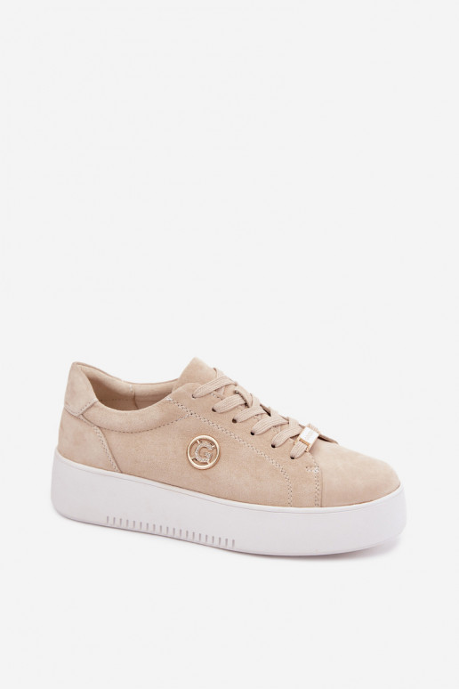 Leather Suede Women's Platform Sneakers Beige Dainty