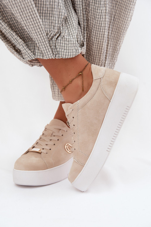 Sand-colored women's sneakers made of faux suede with platform Dainty