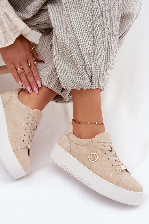 Leather Suede Women's Platform Sneakers Beige Dainty