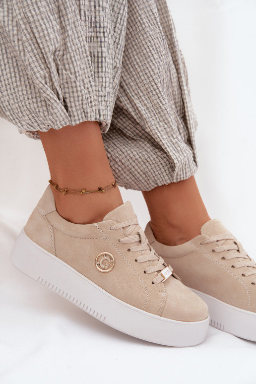 Leather Suede Women's Platform Sneakers Beige Dainty