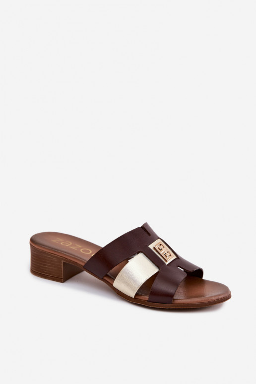 Leather women's slippers with heels Zazoo chocolate color