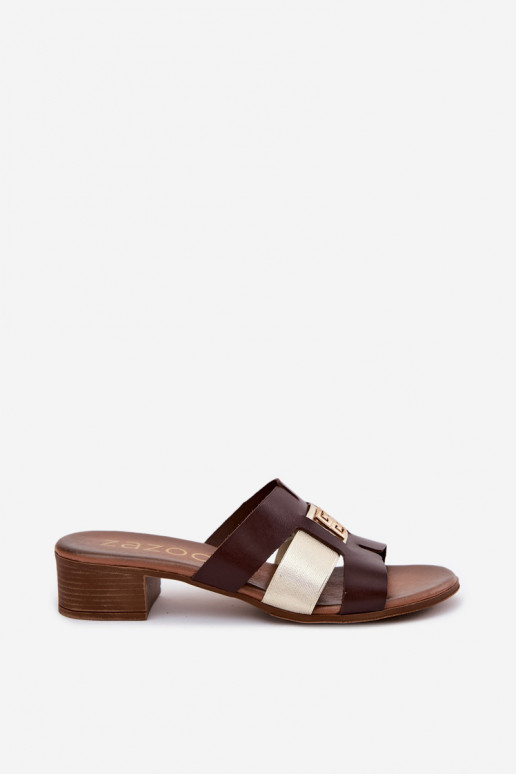 Leather women's slippers with heels Zazoo chocolate color