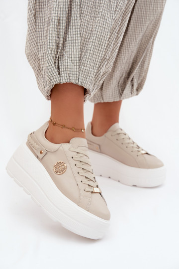Faux leather platform sneakers for women D&A LR61-7095 in sand color