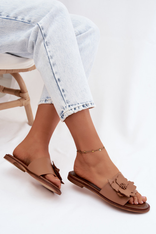 Leather slippers for women with ornaments Zazoo 40477 in cappuccino color