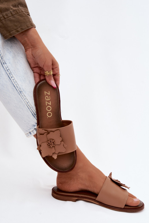 Leather slippers for women with ornaments Zazoo 40477 in cappuccino color