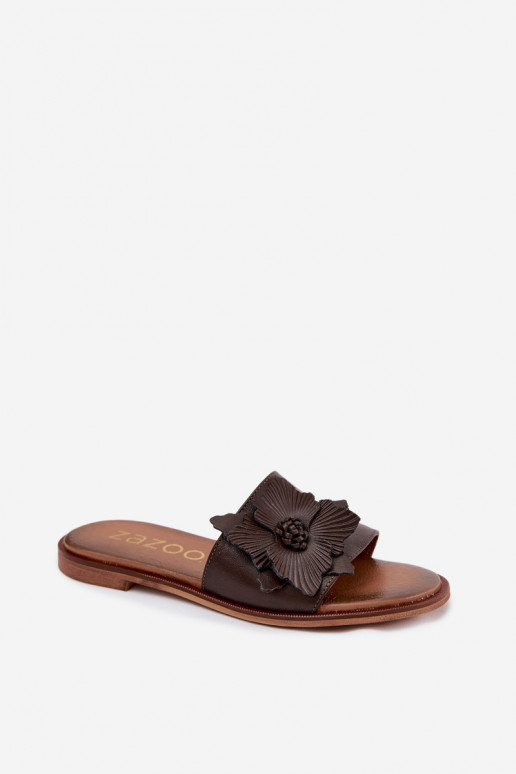 Leather slippers for women with ornaments Zazoo 40477 in chocolate color