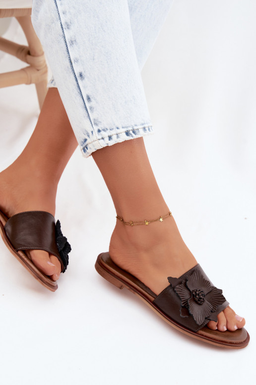 Leather slippers for women with ornaments Zazoo 40477 in chocolate color