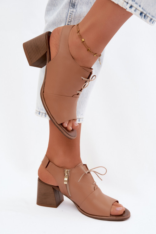 Leather high heel sandals with stylish details Zazoo 40523 in cappuccino color
