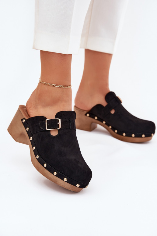 Black women's clogs with heels and buckles Veldexina
