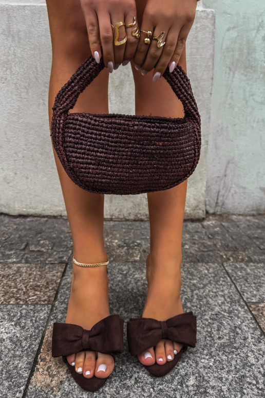 Women's slippers with slim heels and bows in chocolate faux suede Tai turignolia