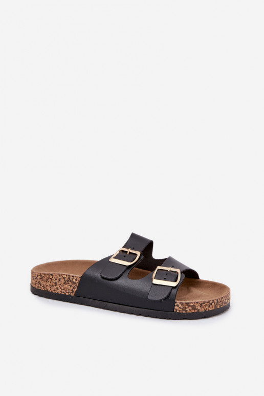 Black women's slippers with buckles made of faux leather Iskira