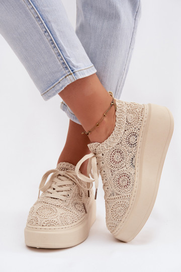Sand-colored casual shoes with platform and lace motifs Evalora