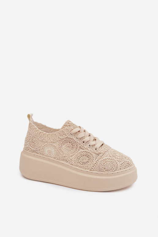 Beżowe buty casual z platformą i koronkowymi motywami Evalora