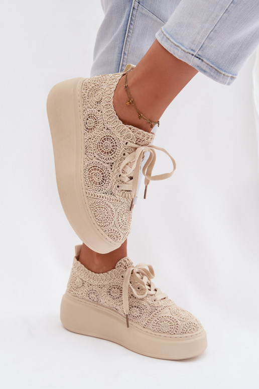 Sand-colored casual shoes with platform and lace motifs Evalora