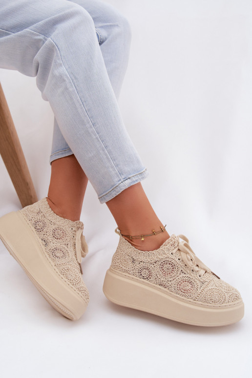 Sand-colored casual shoes with platform and lace motifs Evalora