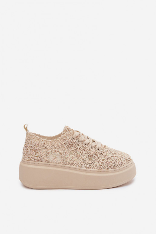 Beżowe buty casual z platformą i koronkowymi motywami Evalora