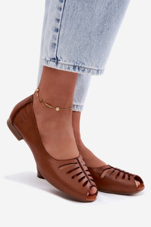 Brown perforated ballerinas made of natural leather Tai turiciejka P7541-29