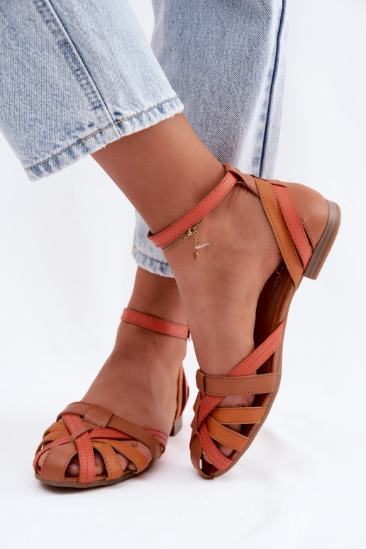 Orange brown women's sandals with wide heels and straps Tai turiciejka P7539-18