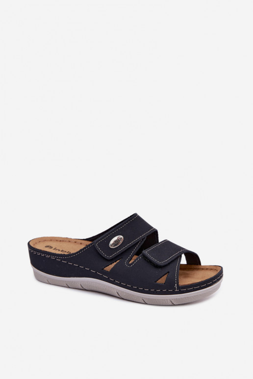 Dark blue women's leather slippers with sticky fastenings Inblu OE0001GU