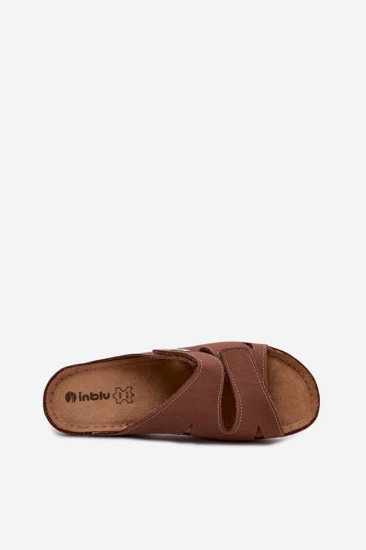 Brown women's leather slippers with sticky fastenings Inblu OE0001GU