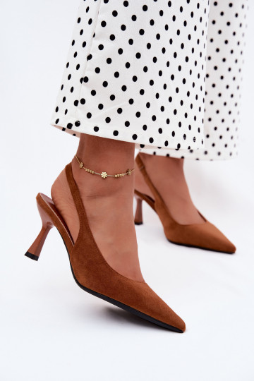 Brown women's sandals with thin heels made of faux suede Saria 2