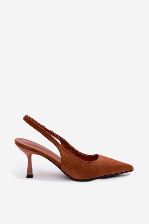 Brown women's sandals with thin heels made of faux suede Saria