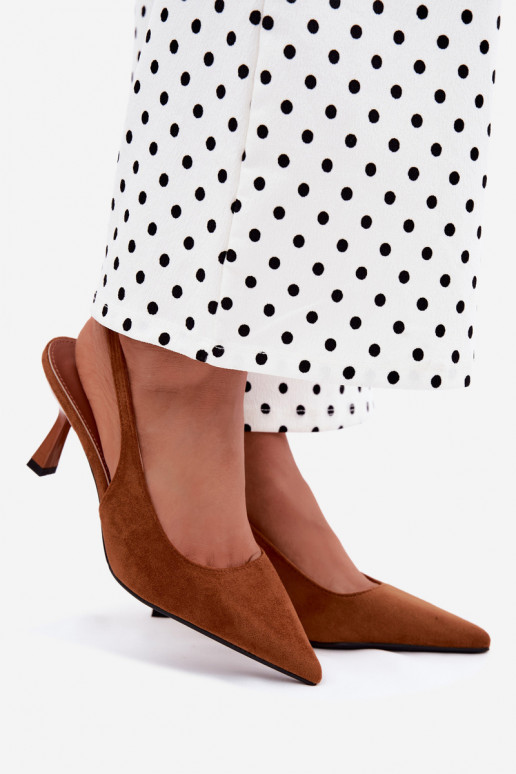 Brown women's sandals with thin heels made of faux suede Saria