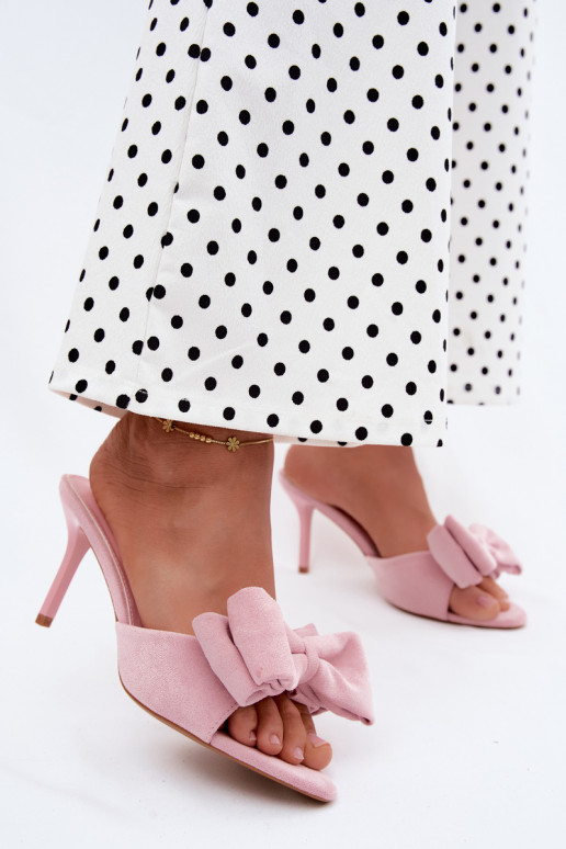 Pink women's slippers with thin heels and bows in faux suede Tai turignolia