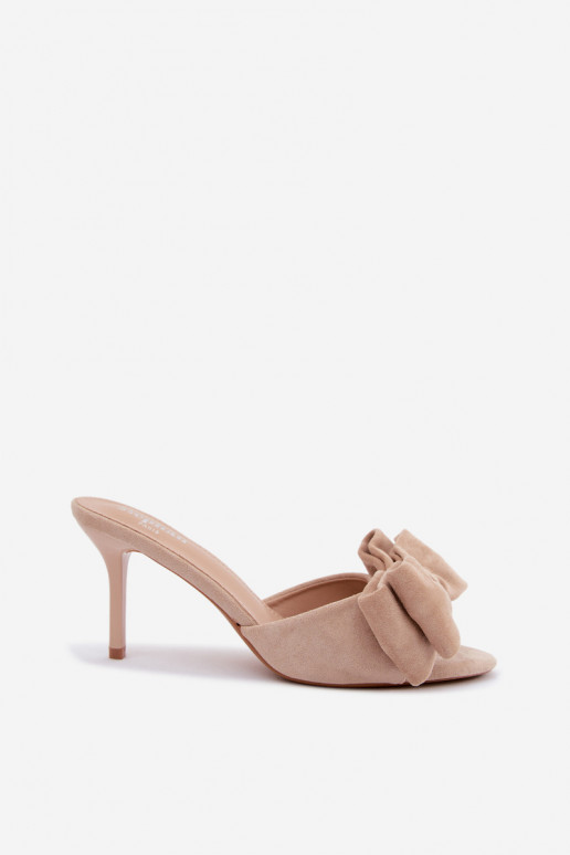 Women's slippers with slim heels and bows in sand faux suede Tai turignolia