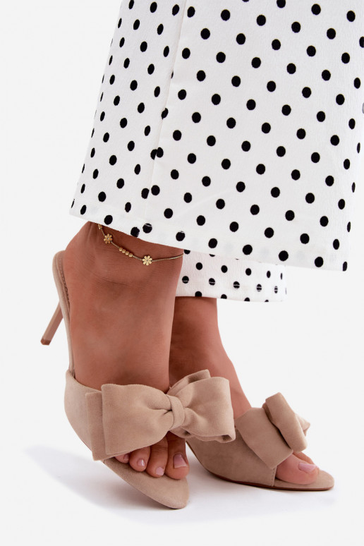 Women's slippers with slim heels and bows in sand faux suede Tai turignolia