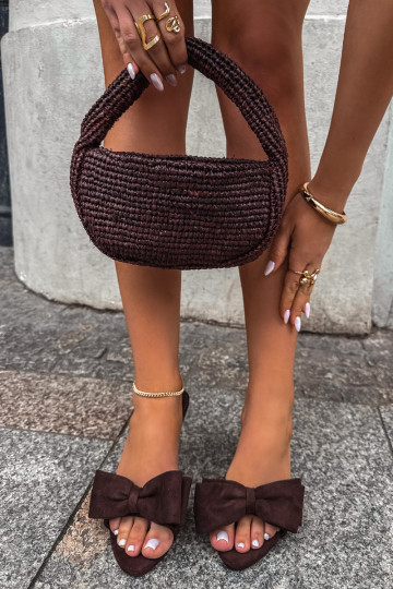 Women's slippers with slim heels and bows in chocolate faux suede Tai turignolia 2