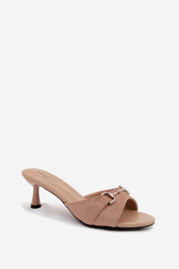 Smėlio moteriškos šlepetės su plonais kulniukais ir puošniomis detalėmis Poppia 2