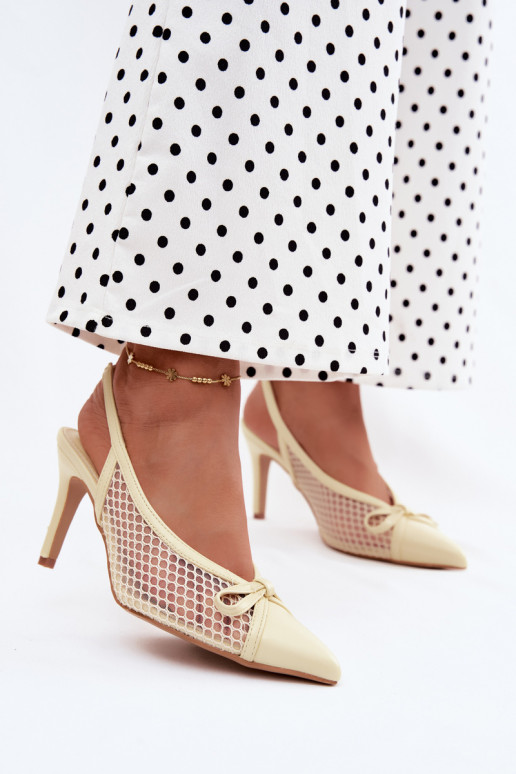 Mesh sandals with thin heels and bows in yellow Moona